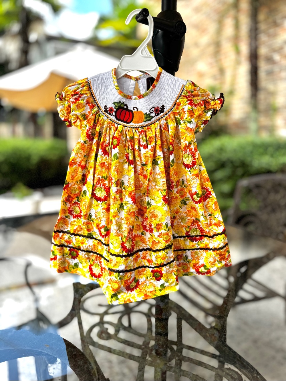 Girls Lil Cactus Fall Sunflower/Pumpkin Smocked Dress, 12-24M